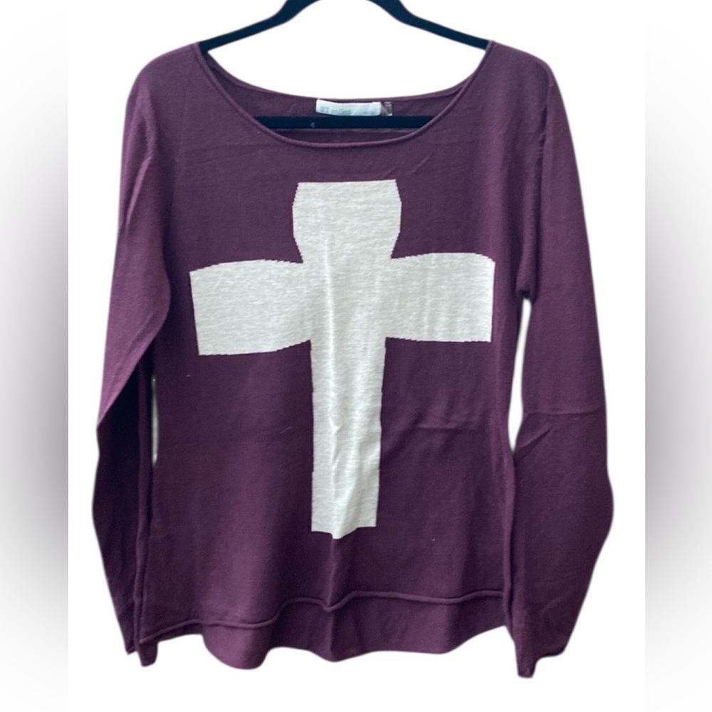 27 Miles Malibu Plum Color Silk & Cashmere Sweater with Cross Pattern